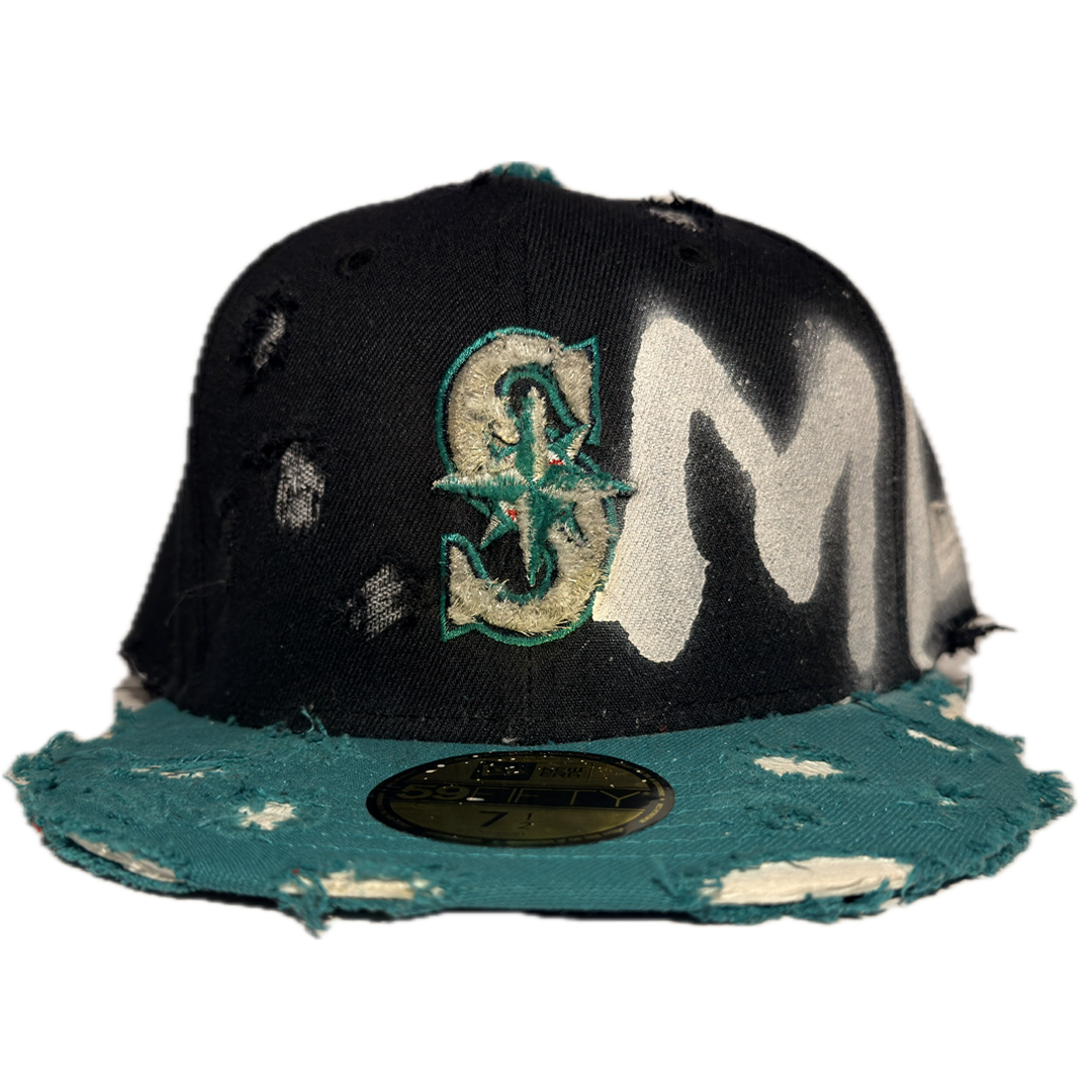 NAVY BLUE AND TURQUOISE “SMD!!!”DISTRESSED FITTED HAT