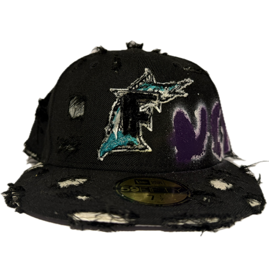 BLACK PURPLE AND TURQUOISE “FUCK U” DISTRESSED FITTED HAT