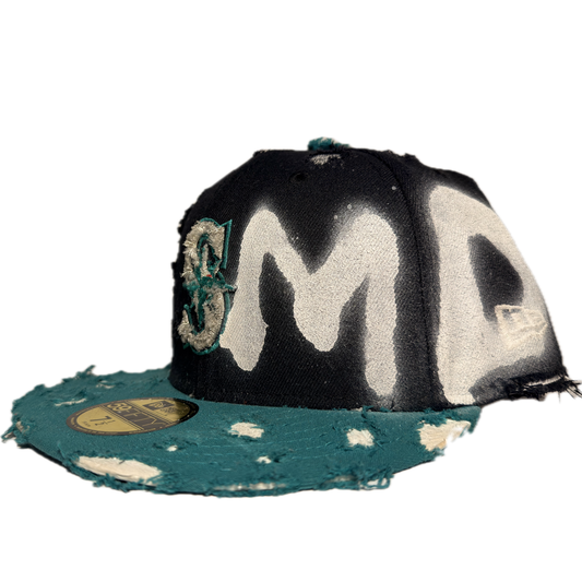 NAVY BLUE AND TURQUOISE “SMD!!!”DISTRESSED FITTED HAT