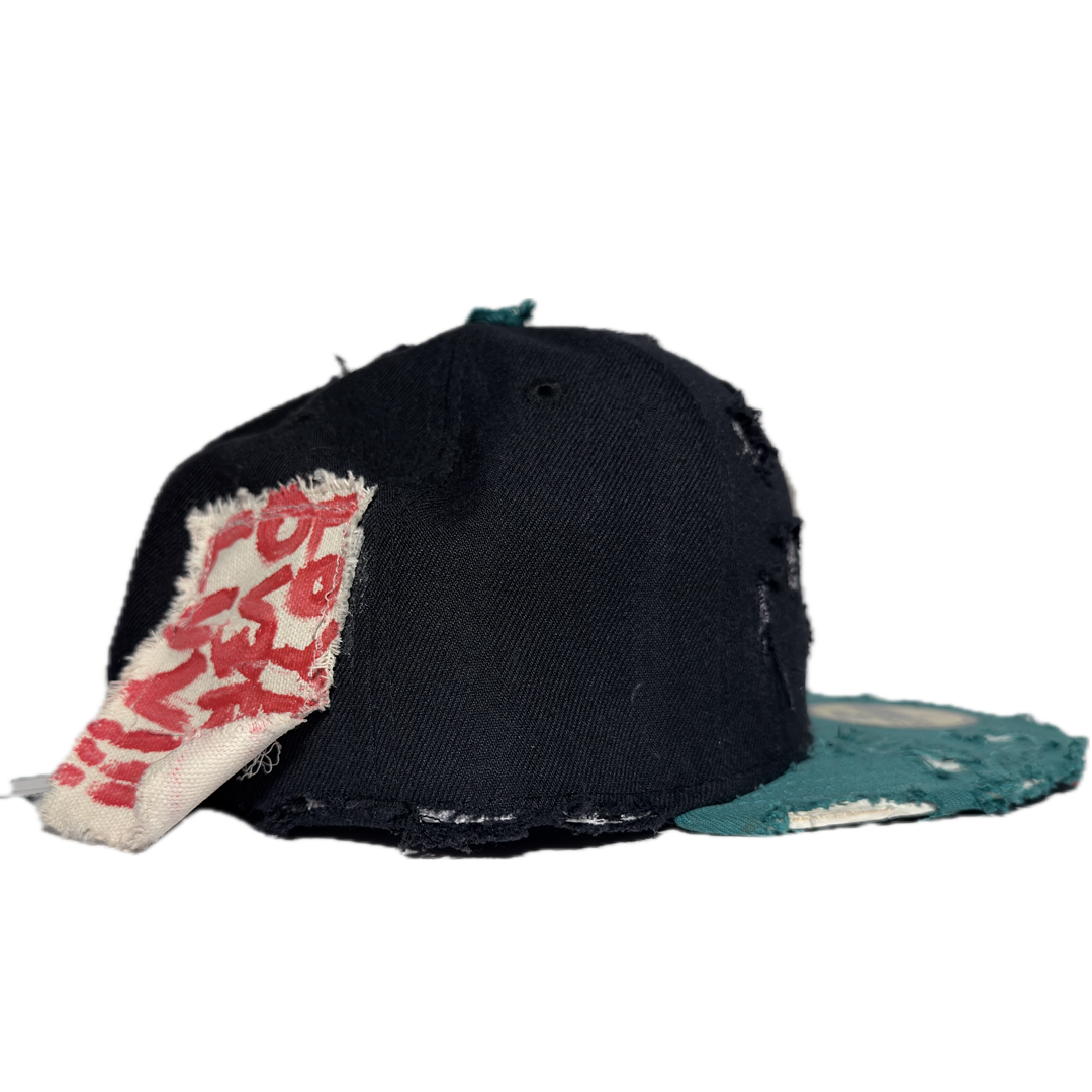 NAVY BLUE AND TURQUOISE “SMD!!!”DISTRESSED FITTED HAT